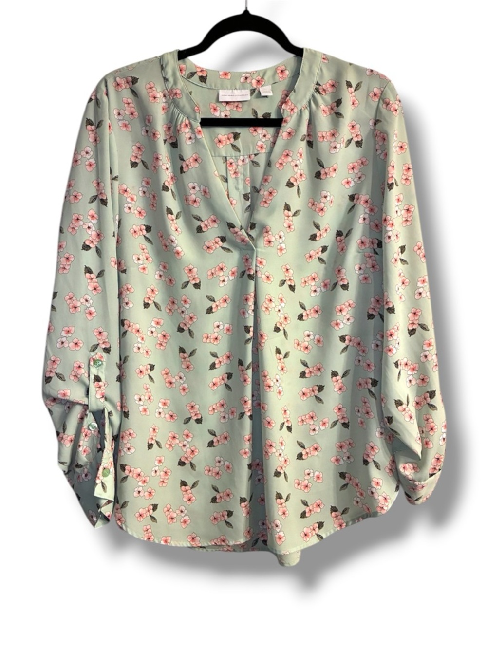 🌸 NY & Co Floral Blouse Large Roll Tab Sleeve Lightweight Work Top